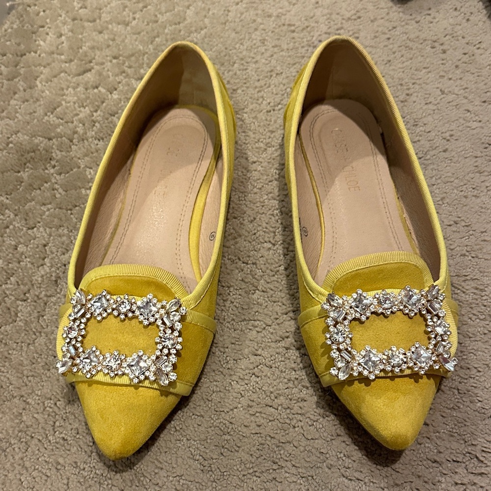 Chase + Chloe Yellow Pointed-Toe Flats with Crystal Buckle